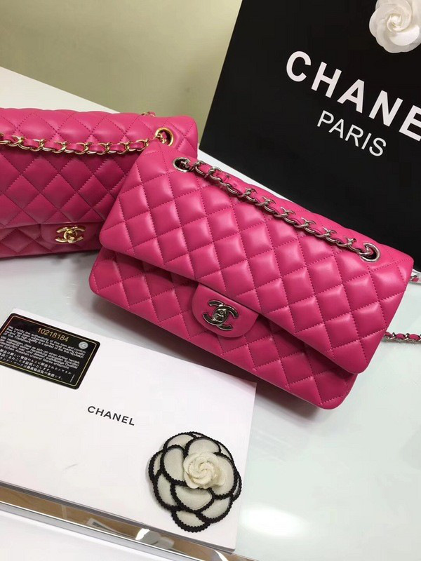 Ch**el classic flap bag rose red lambskin leather sliver&gold chain 25cm