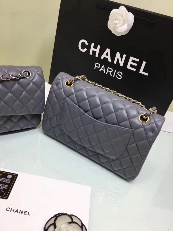 Ch**el classic flap bag grey caviar leather sliver&gold chain 25cm