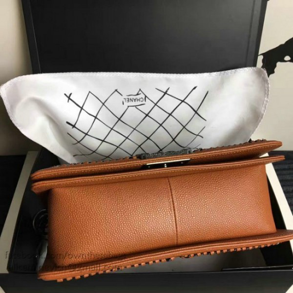 Ch**el caviar grained calfskin boy bag with top handle orange