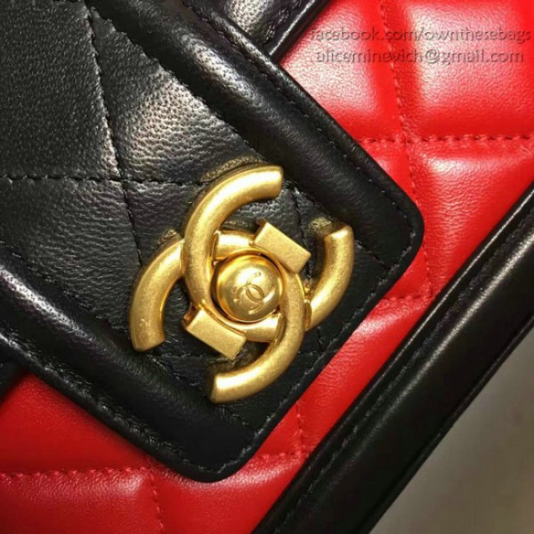 Ch**el quilted lambskin gold-tone metal flap bag red and black