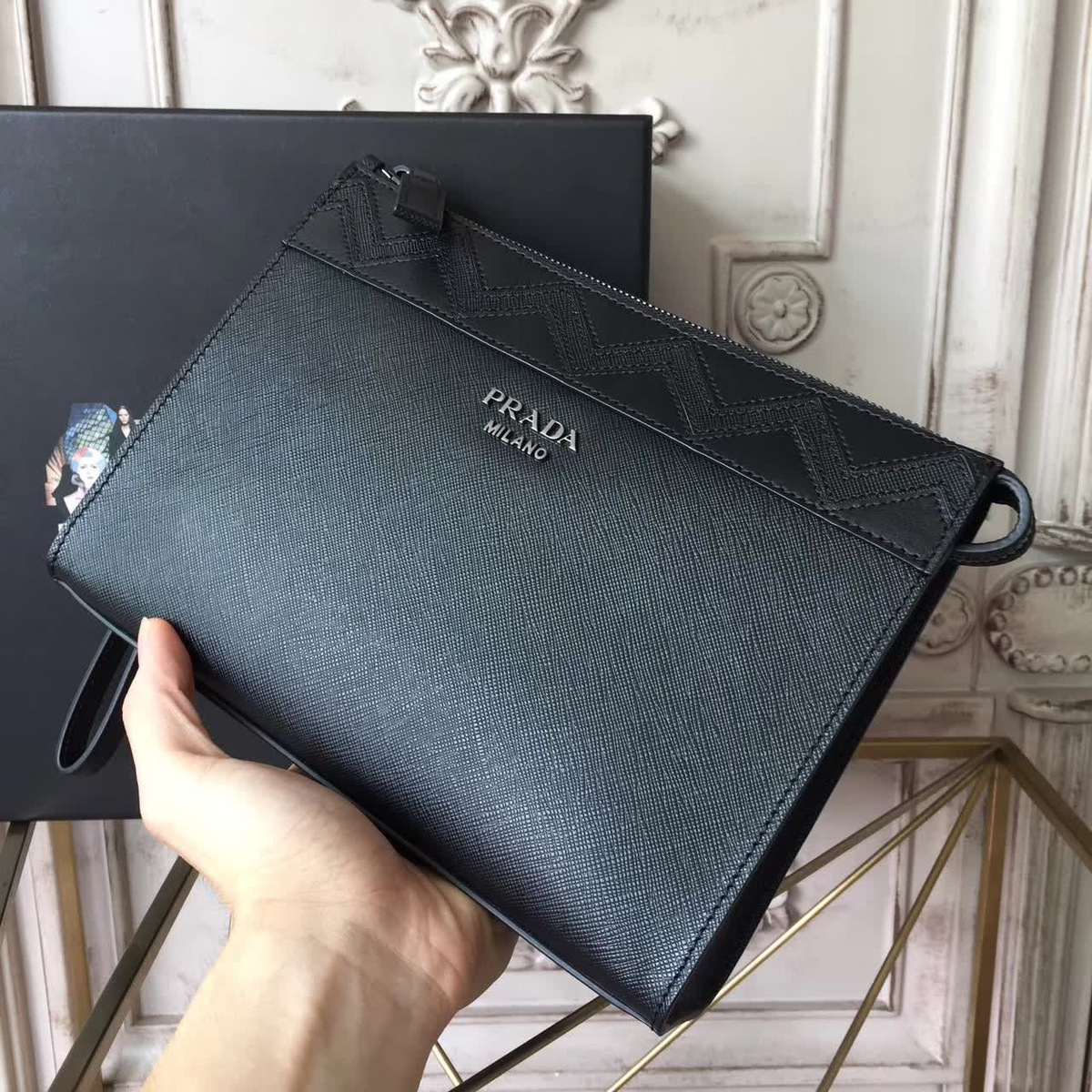 Pra*a leather clutch bag 4291 23.5cmx1.5cmx17.5cm