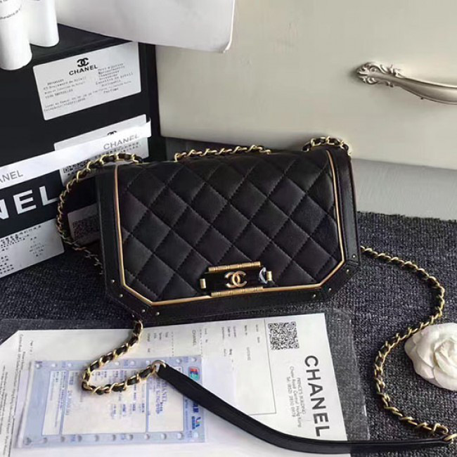 Ch**el lambskin and calfskin flap bag black