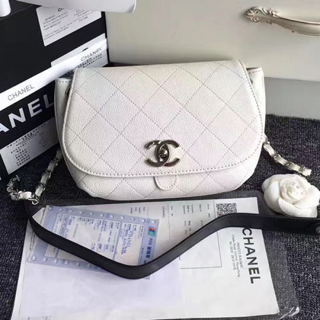 Ch**el grained calfskin caviar stitched shoulder bag white a92949