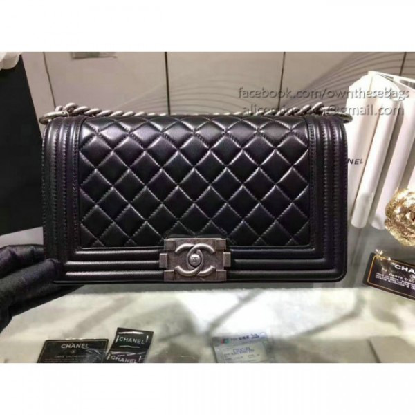 Ch**el quilted lambskin medium boy bag black silver hardware