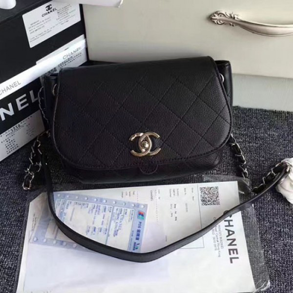 Ch**el grained calfskin caviar stitched shoulder bag black  a92949