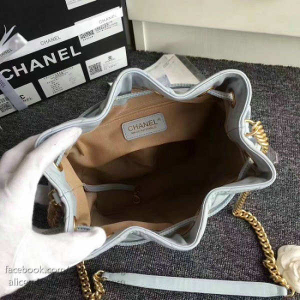 Ch**el lambskin drawstring bucket bag light blue