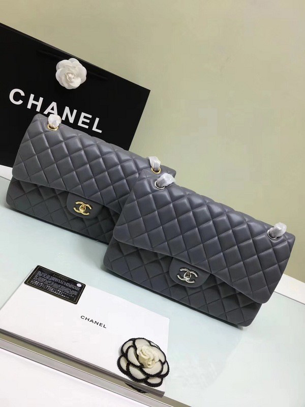 Ch**el classic flap bag grey lambskin leather sliver&gold chain 30cm