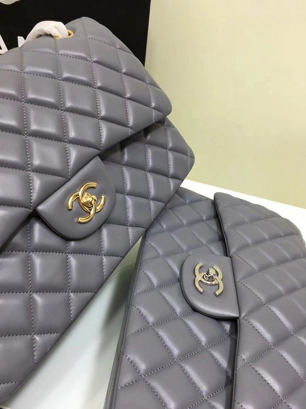 Ch**el classic flap bag grey lambskin leather sliver&gold chain 30cm