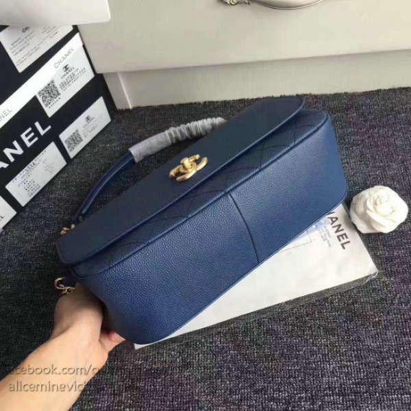 Ch**el grained calfskin large top handle flap bag blue
