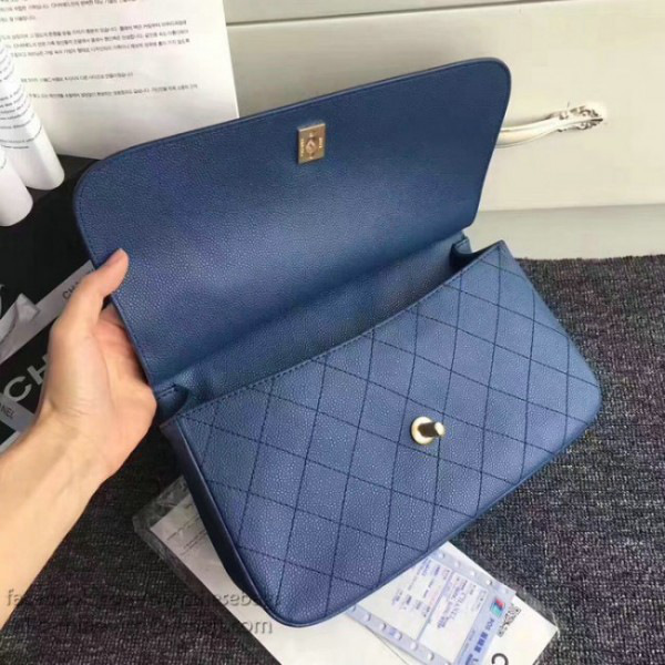 Ch**el grained calfskin large top handle flap bag blue