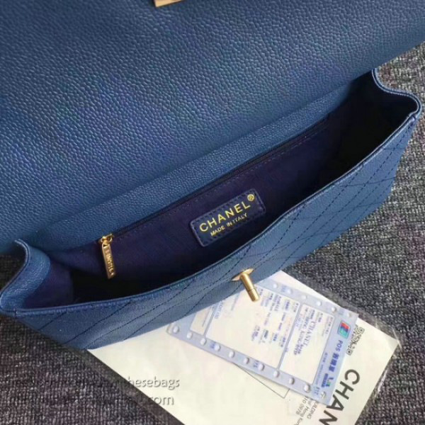 Ch**el grained calfskin large top handle flap bag blue