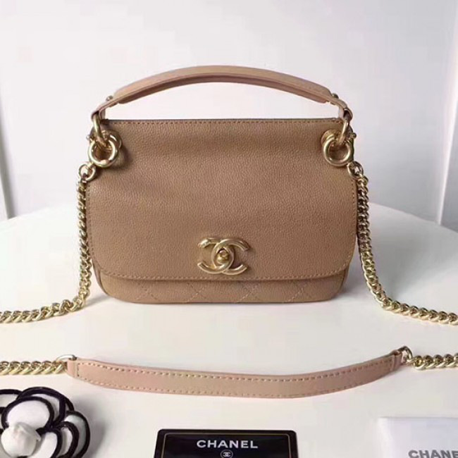 Ch**elgrained calfskin mini top handle flap bag beige
