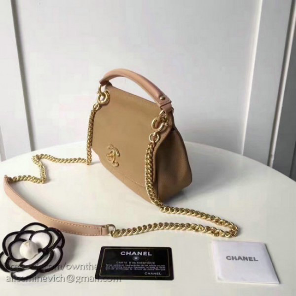 Ch**elgrained calfskin mini top handle flap bag beige
