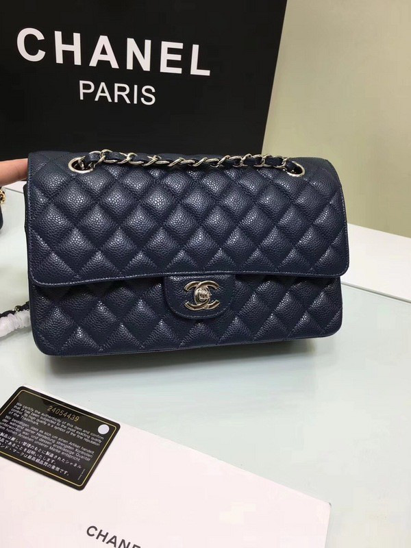Ch**el classic flap bag royalblue caviar leather sliver&gold chain 25cm