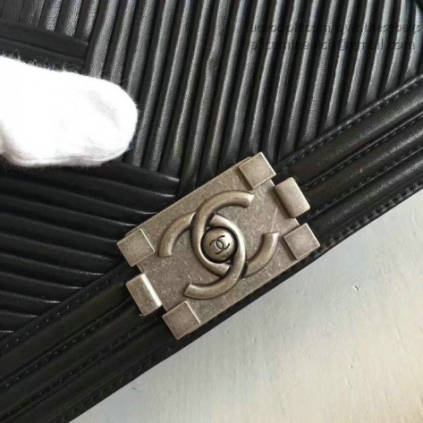 Ch**el medium chevron lambskin quilted boy bag black