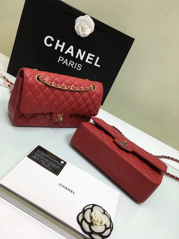 Ch**el classic flap bag red caviar leather sliver&gold chain 25cm