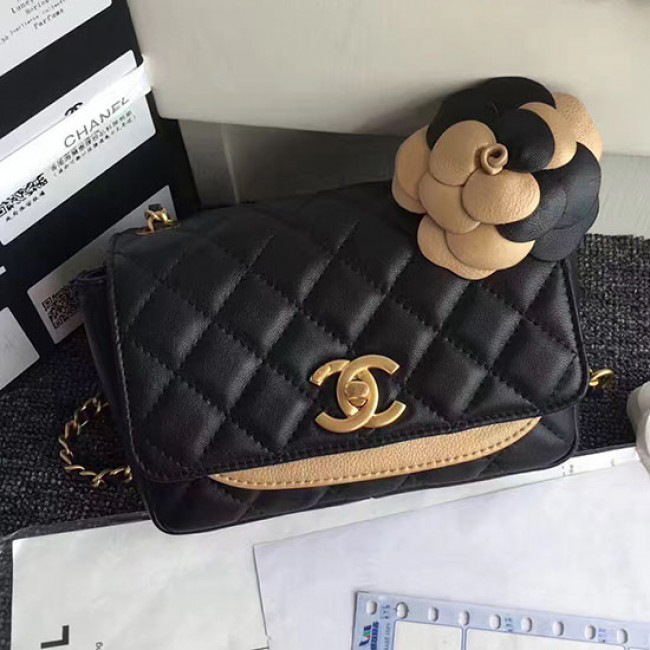 Ch**el calfskin camellia waist chain bag black a91830