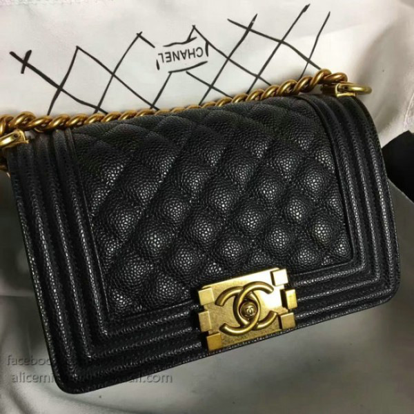 Ch**el small quilted caviar boy bag black gold