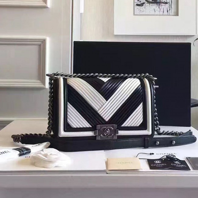 Ch**el medium chevron lambskin quilted boy bag white and black