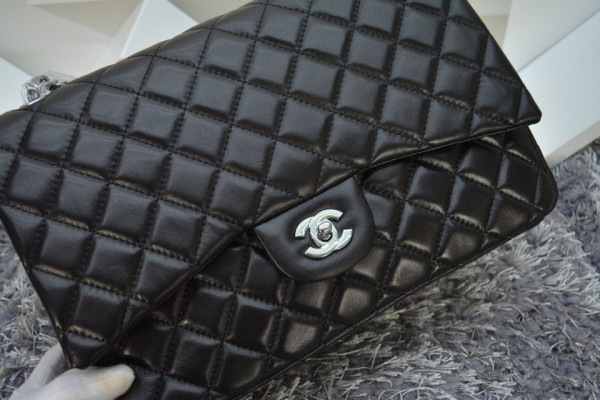 Ch**el lambskin leather flap bag with gold/silver chain black 33cm