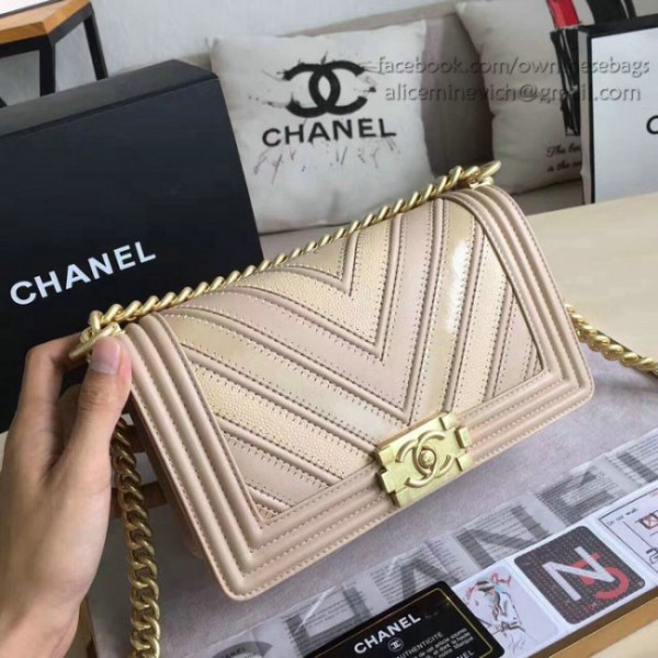 Ch**el chevron quilted medium boy bag beige