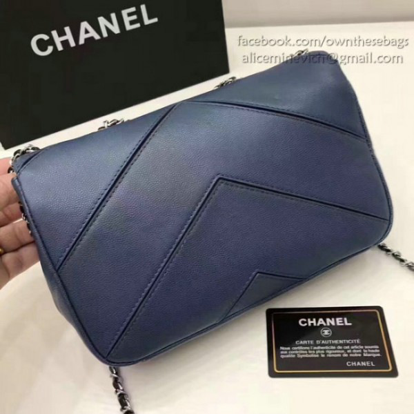 Ch**el calfskin chevron flap bag blue