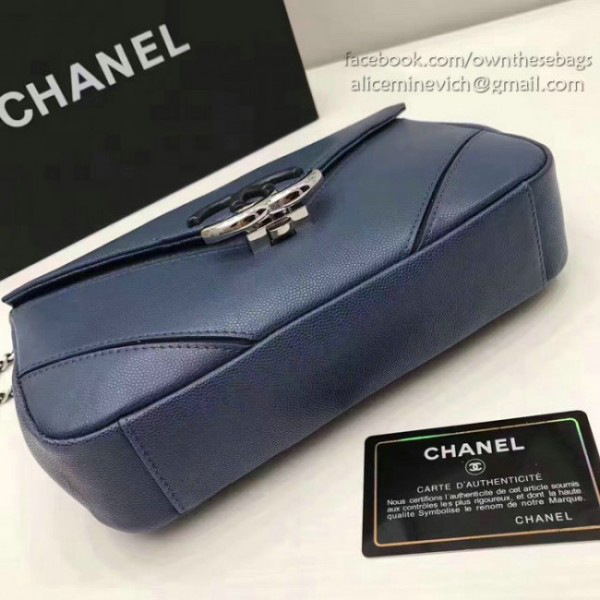Ch**el calfskin chevron flap bag blue