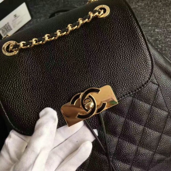 Ch**el grained calfskin gold-tone metal backpack black  23 x 25 x 13cm