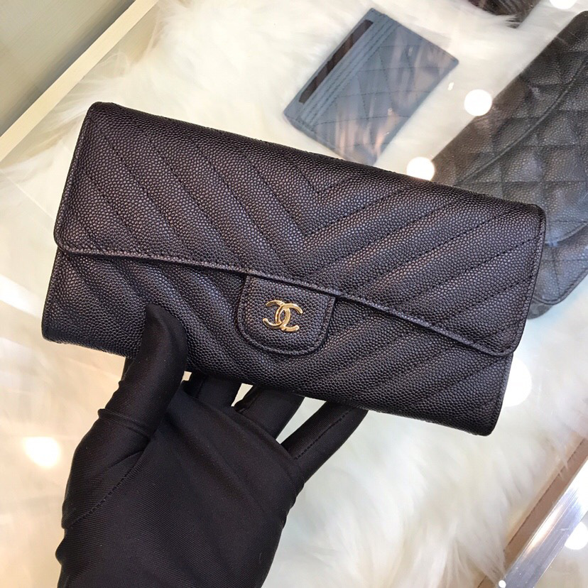 Ch**el classic cf long lychee purse v black 10.5*19.*3cm