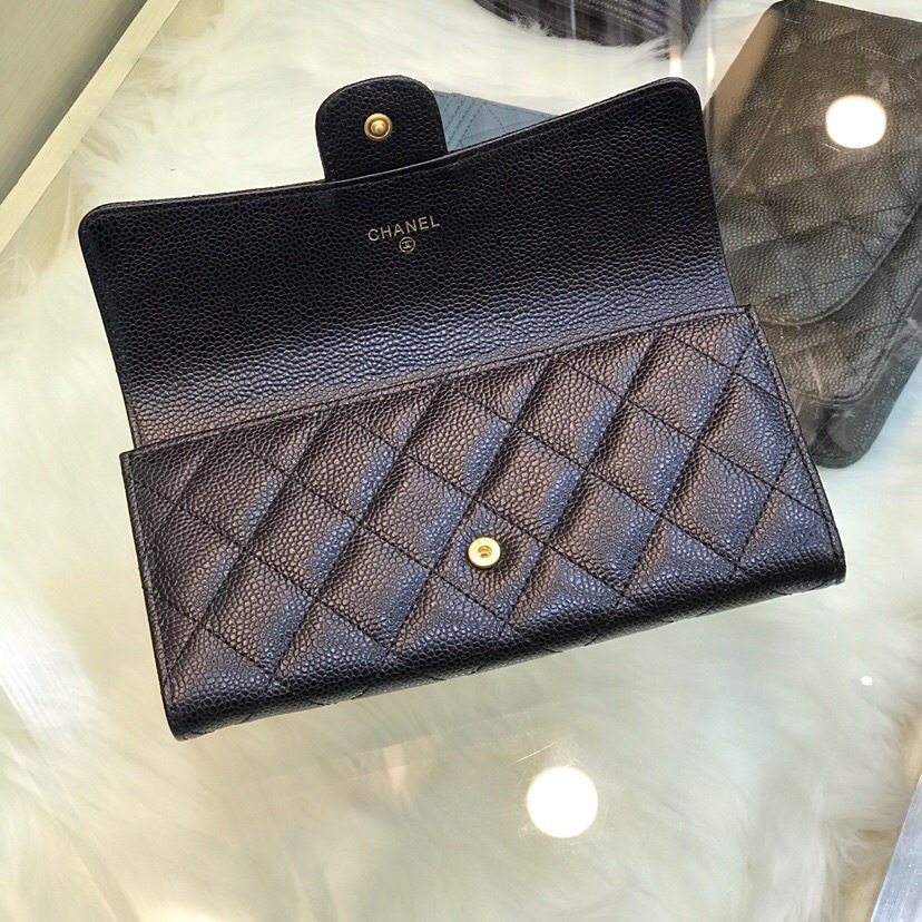 Ch**el classic cf long lychee purse black with green 10.5*19.*3cm