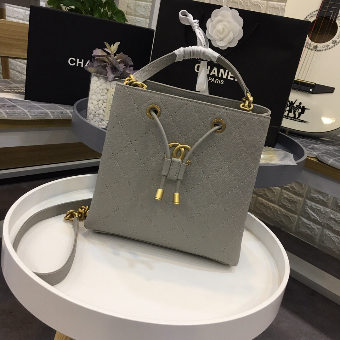Ch**el latest drawstring bucket bag grey 20x20x12cm