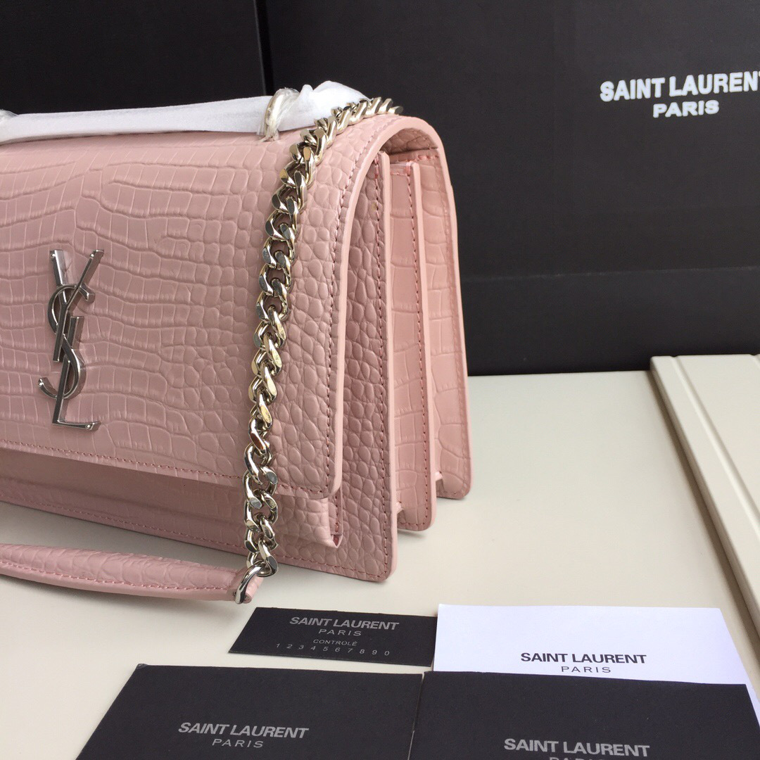 Y51 small crocodile silver chain front flap handbag pink  22*16*8cm