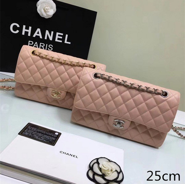 Ch**el classic flap bag pink caviar leather sliver&gold chain 25cm