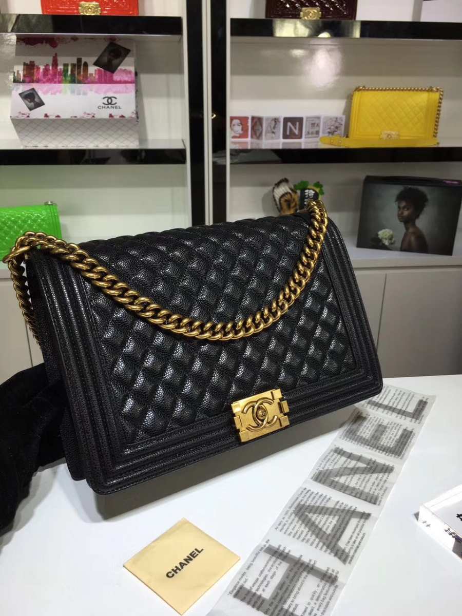 Ch**el large boy bag black caviar leather with silver&gold hardware 30cm