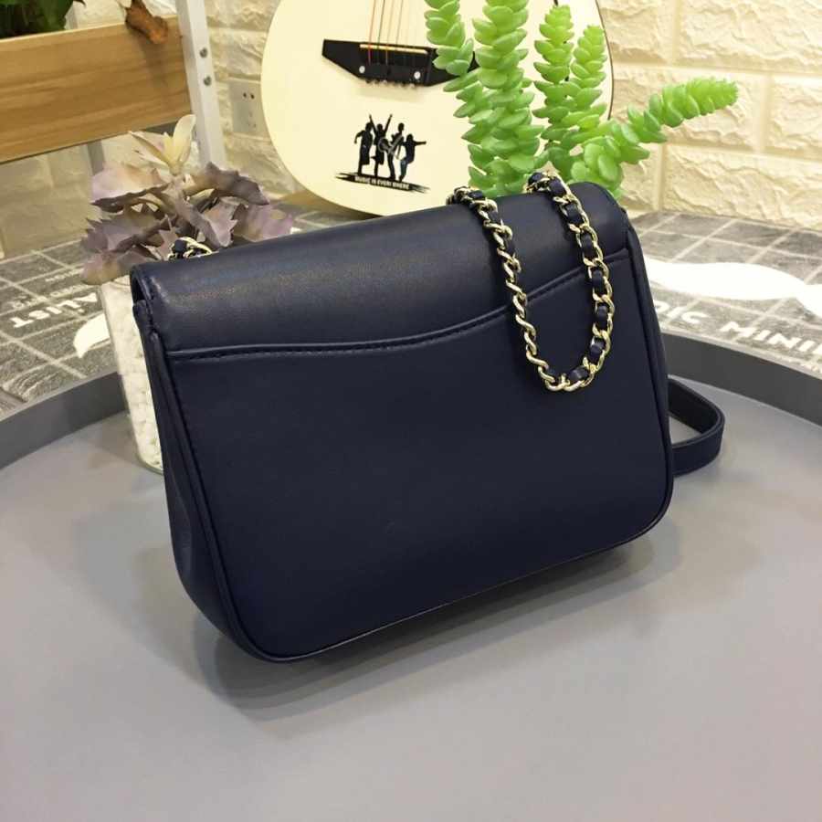 Ch**el new sheepskin small square bag dark blue 18.5x5.5x15cm