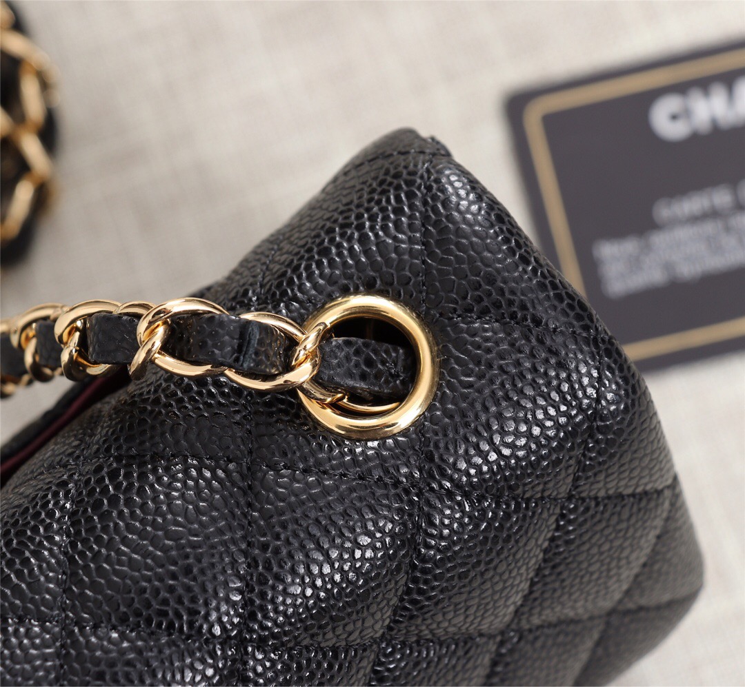 Ch**el flap bag caviar lambskin leather black gold chain 20cm