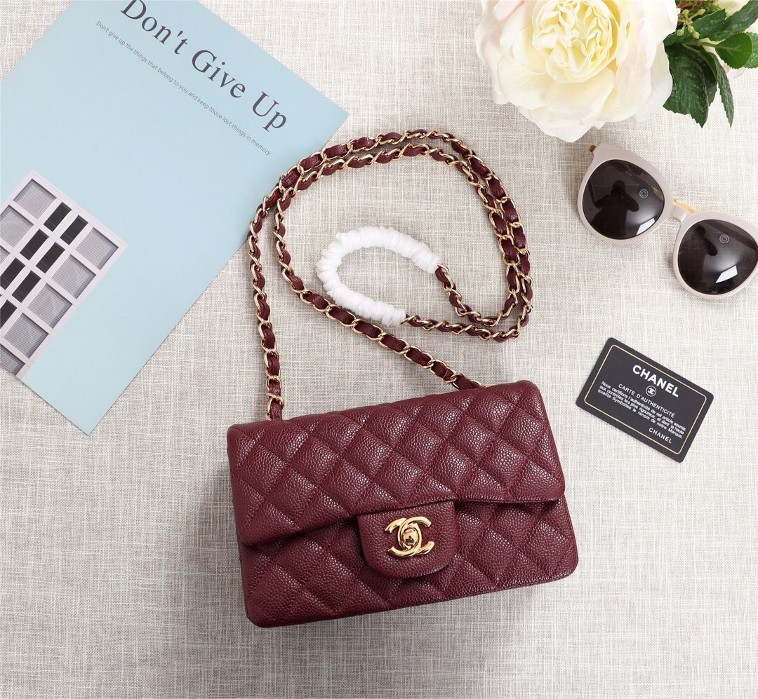 Ch**el flap bag caviar lambskin leather red gold chain 20cm