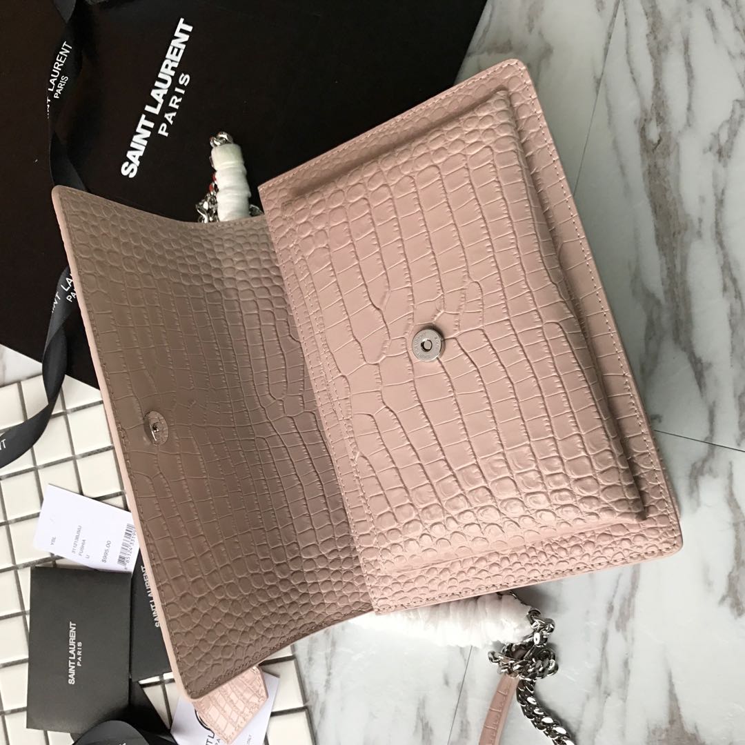 Y51 sunset chain wallet in crocodile embossed shiny leather 4846 17cm x 13cm x 7cm