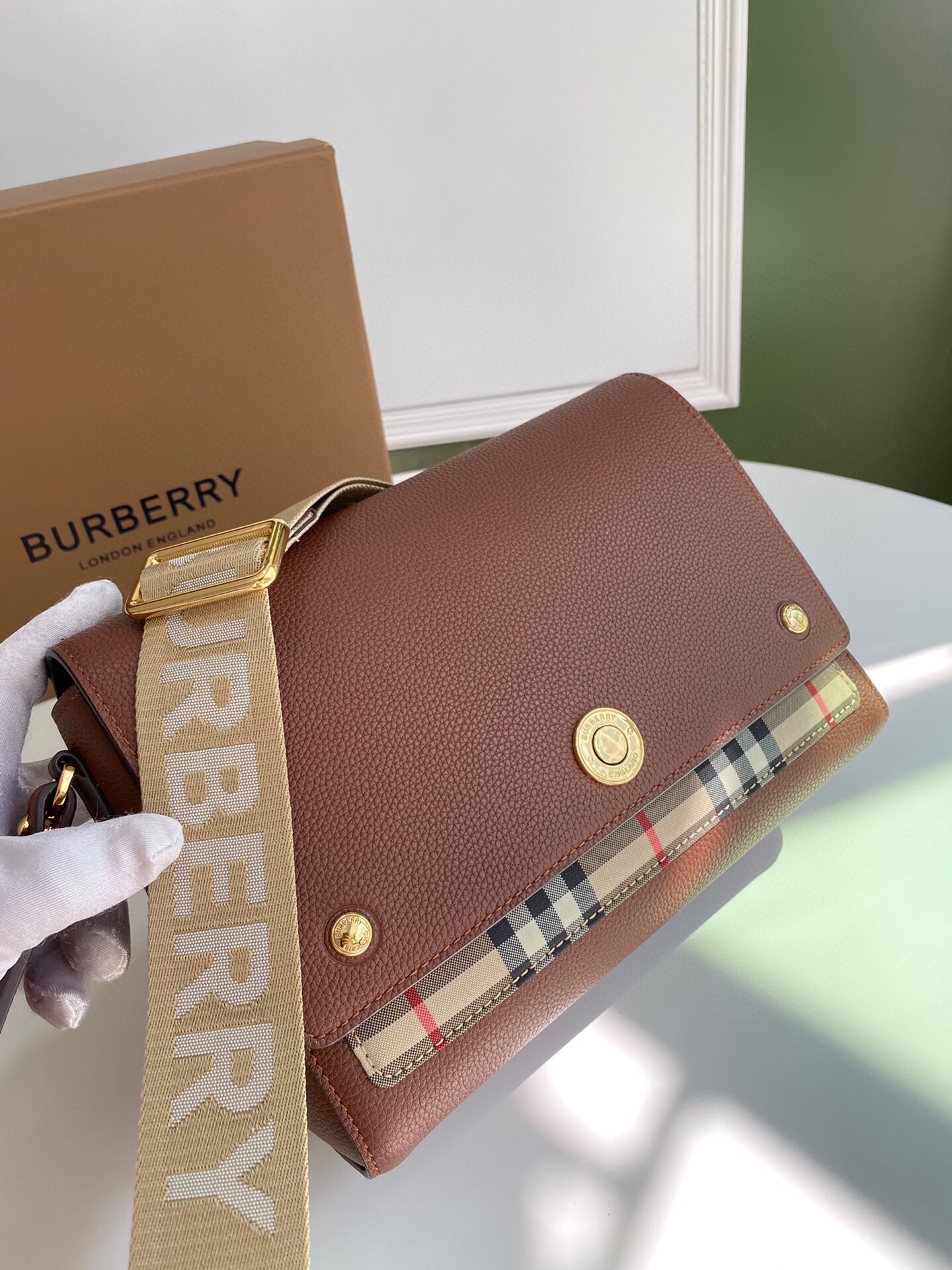 Bv*b*rry leather and vintage check note crossbody bag tan 25 x 8.5 x 18cm