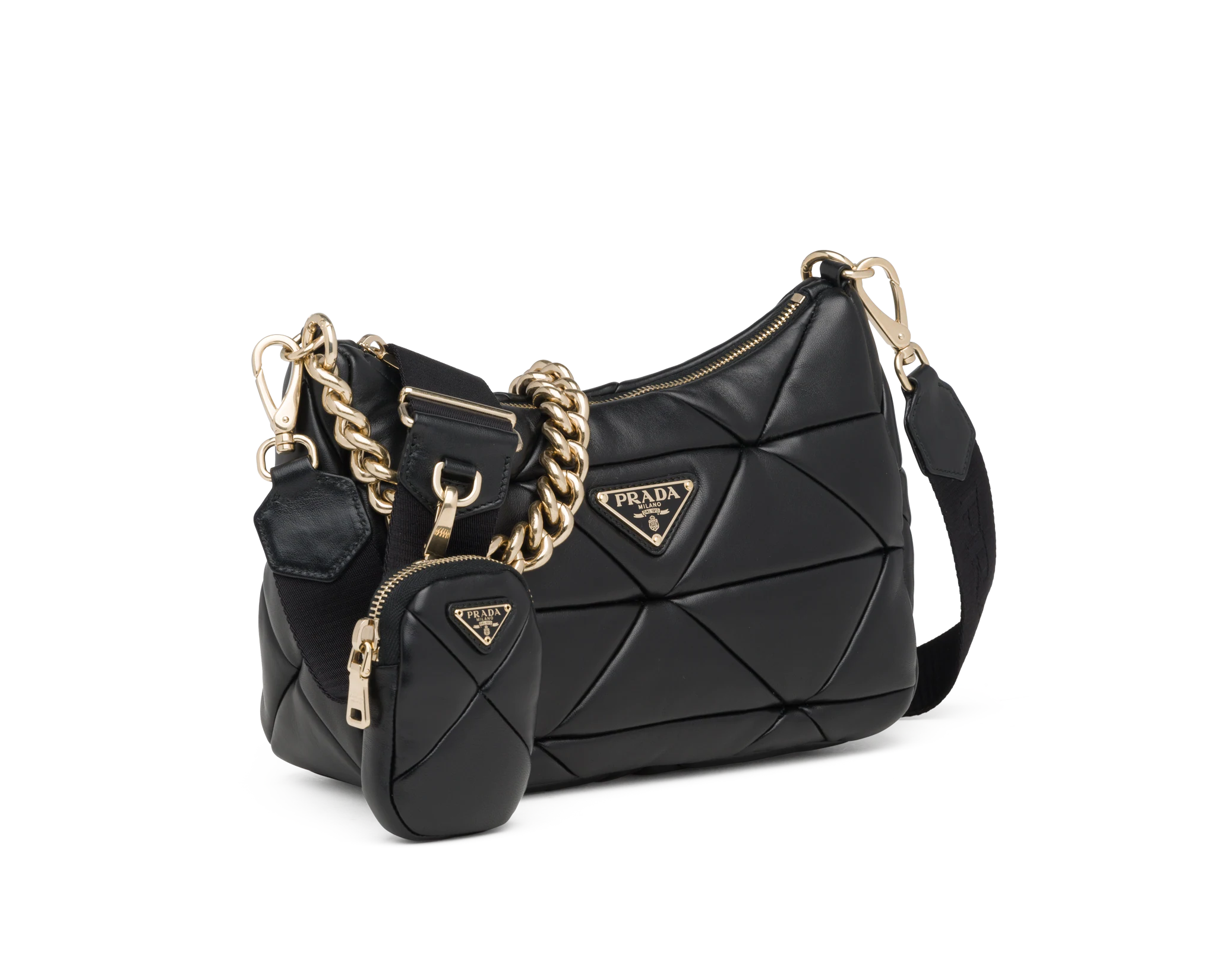 Pra*a system nappa leather patchwork shoulder bag black  1bc157 24 x 18.5 x 9 cm