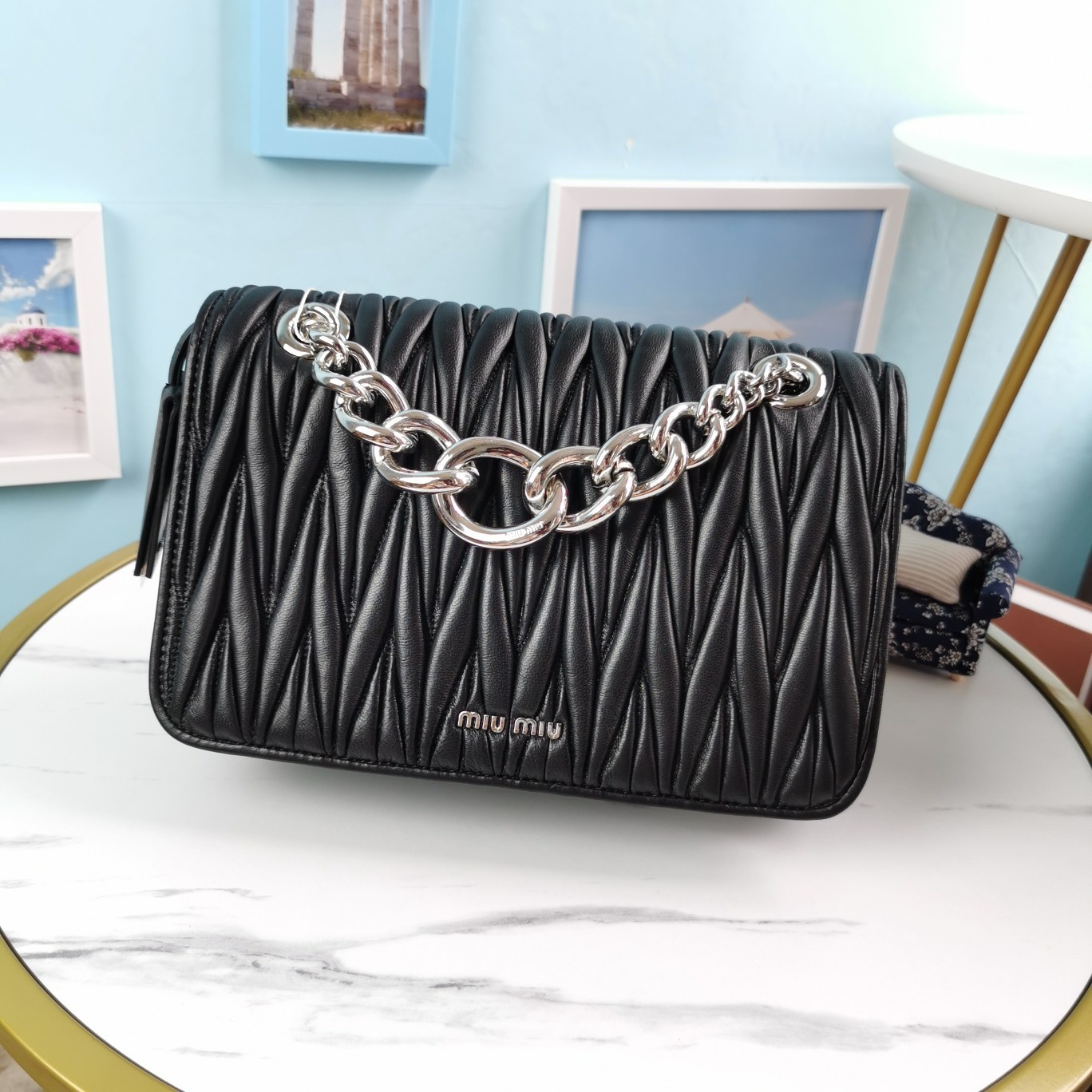 M1um1u 'club' matelasse leather shoulder bag - black in cammeo 5bd015# 25.5 x 7.5 x 17 cm
