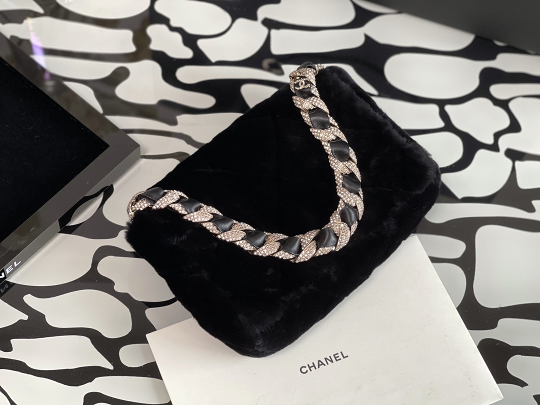 Ch**el shearling lambskin flap bag black as2240 15 21.5 6.5 cm