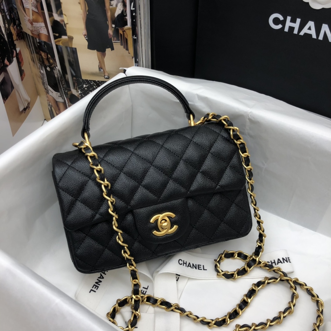 Ch**el mini flap bag with top handle grained calfskin & gold-tone metal black as2431 20 x 14 x 7 cm