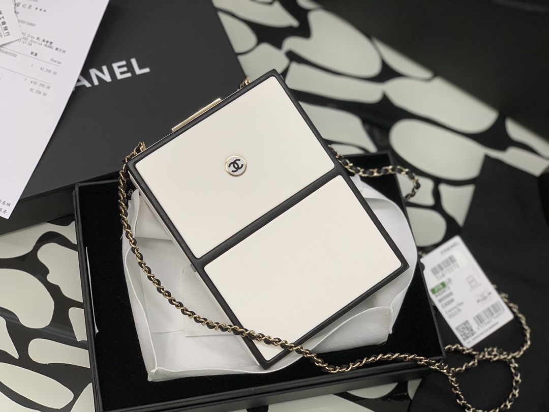 Ch**el no.5 box evening bag lambskin & gold-tone metal white & black as2473 18 × 13 × 5 cm