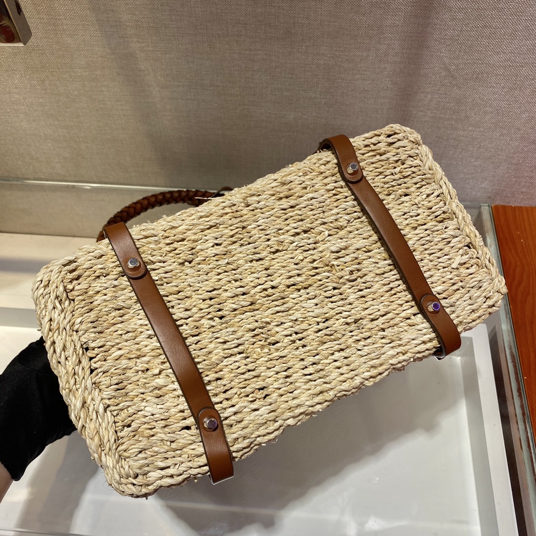 Pra*a women corn husk and leather tote beige 1bg336 26 x 18 x ​​13.5 cm