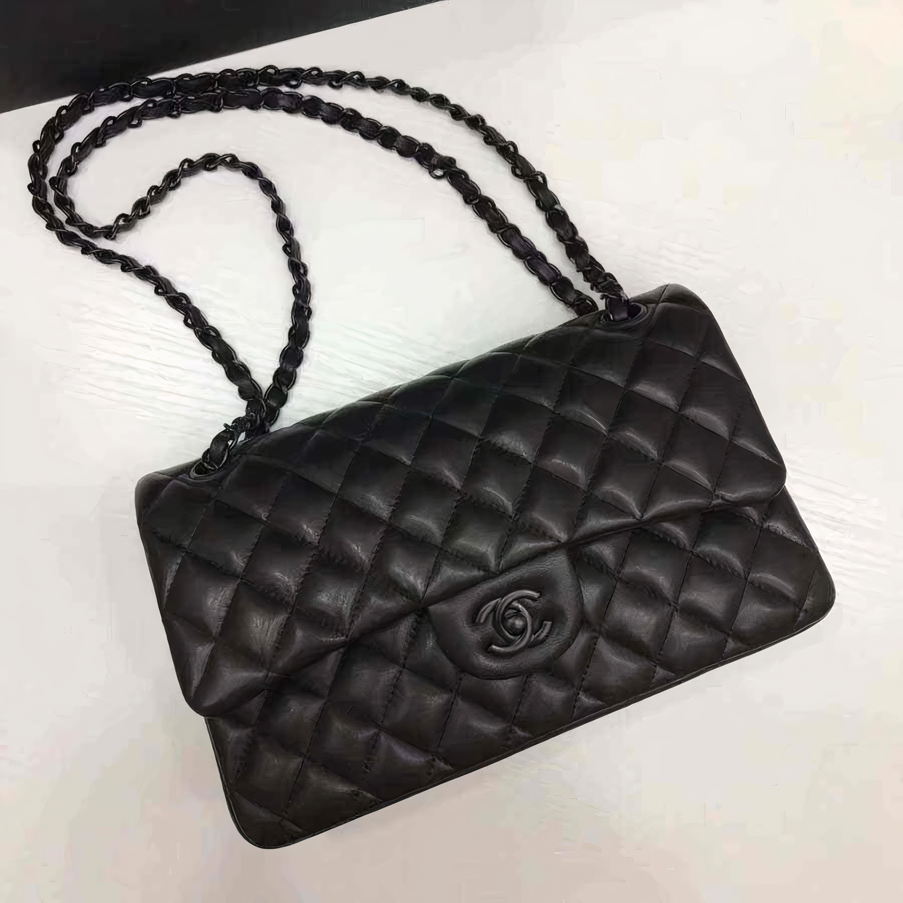 Ch**el cf caviar lambskin leather black 25cm