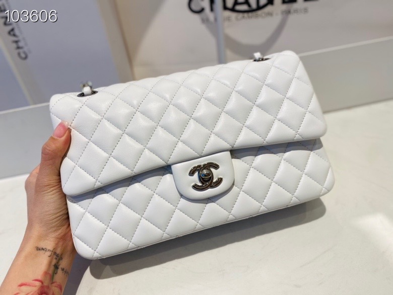 Ch**el flap bag white & silver chain a01112 25cm