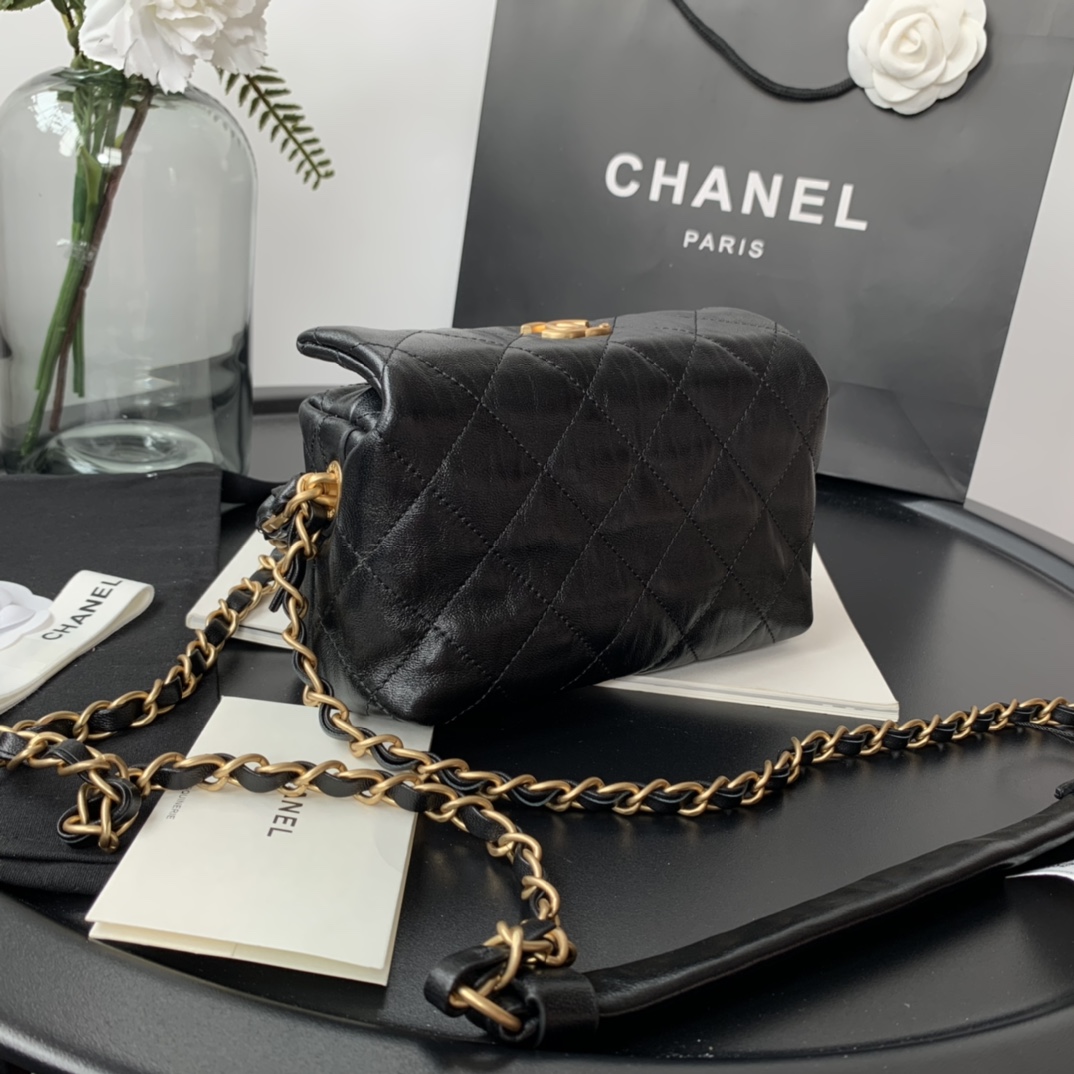 Ch**el small hobo bag crumpled lambskin & gold-tone metal black as2479 13 x 19 x 7 cm