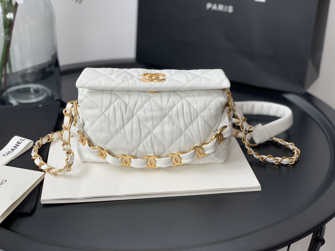 Ch**el small hobo bag crumpled lambskin & gold-tone metal white as2479 13 x 19 x 7 cm
