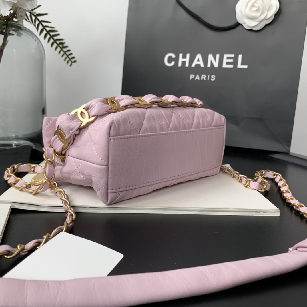 Ch**el small hobo bag crumpled lambskin & gold-tone metal pink as2479 13 x 19 x 7 cm